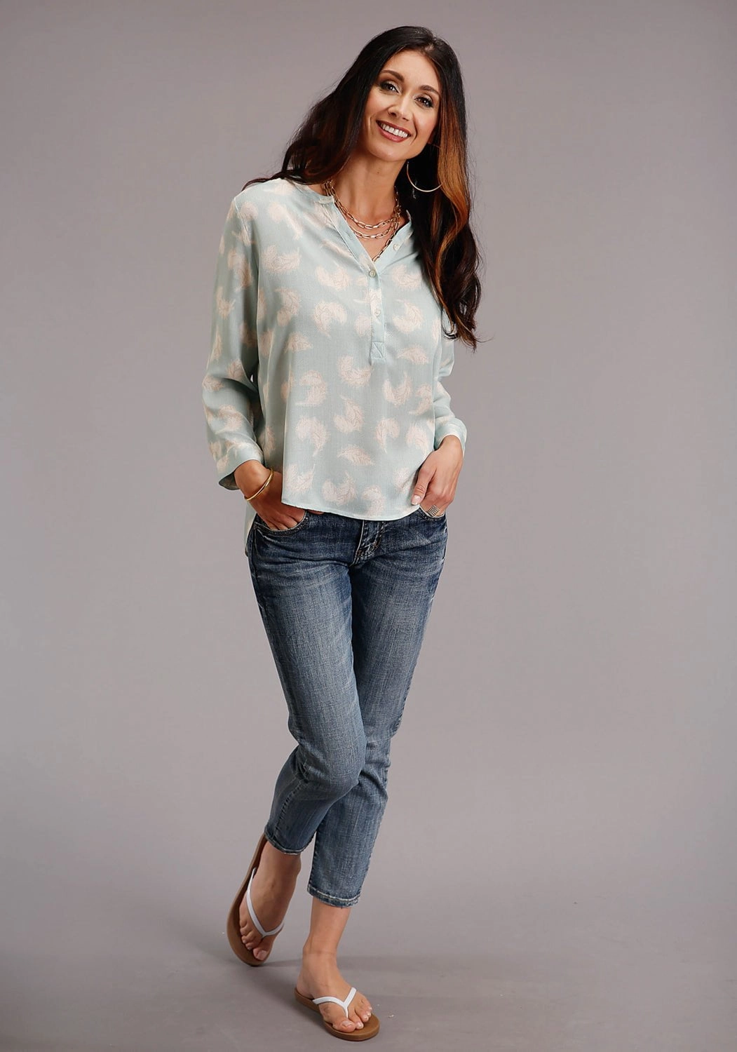 Stetson Womens Aqua Rayon/Nylon Feathers S/S Blouse Wrinkle Resistant Casual Hangout