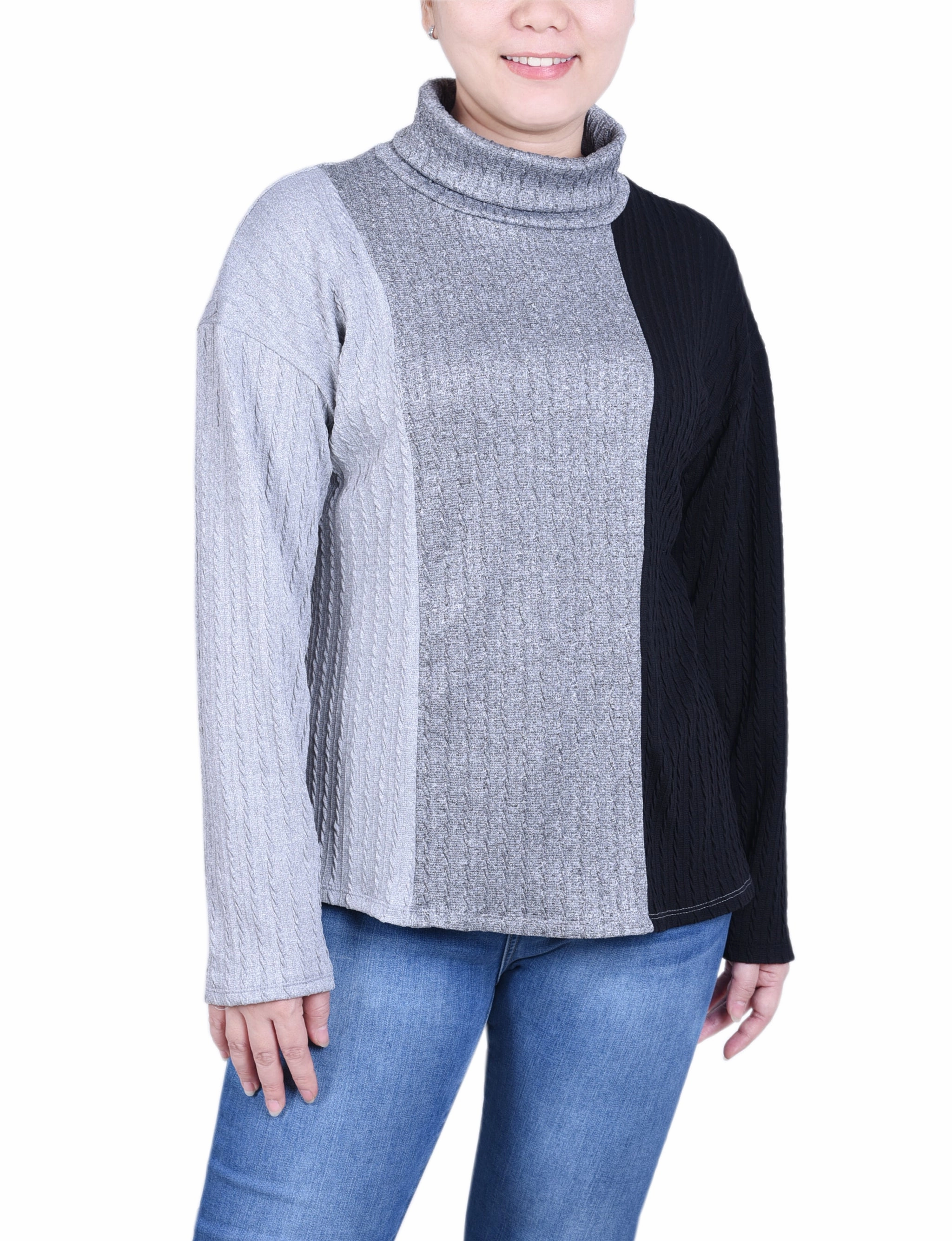 Long Sleeve Colorblocked Top Cable Stitch Soft Ribbed Texture