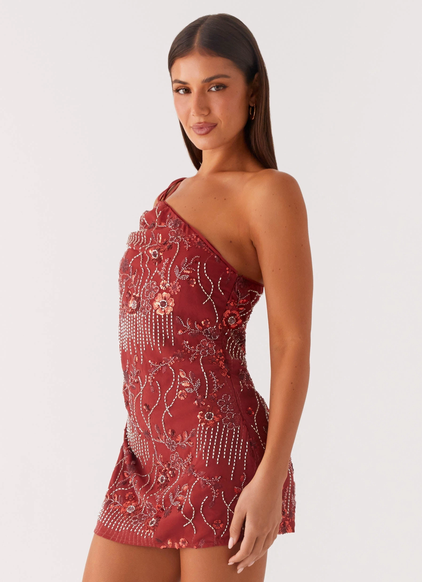 Temptational Beaded One Shoulder Mini Dress - Rust Timeless Fashion