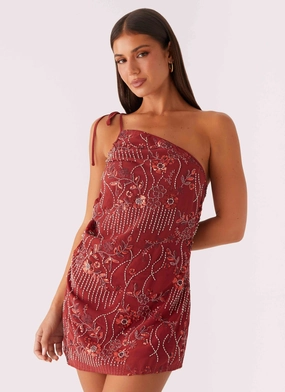 Fall Mood Temptational Beaded One Shoulder Mini Dress - Rust