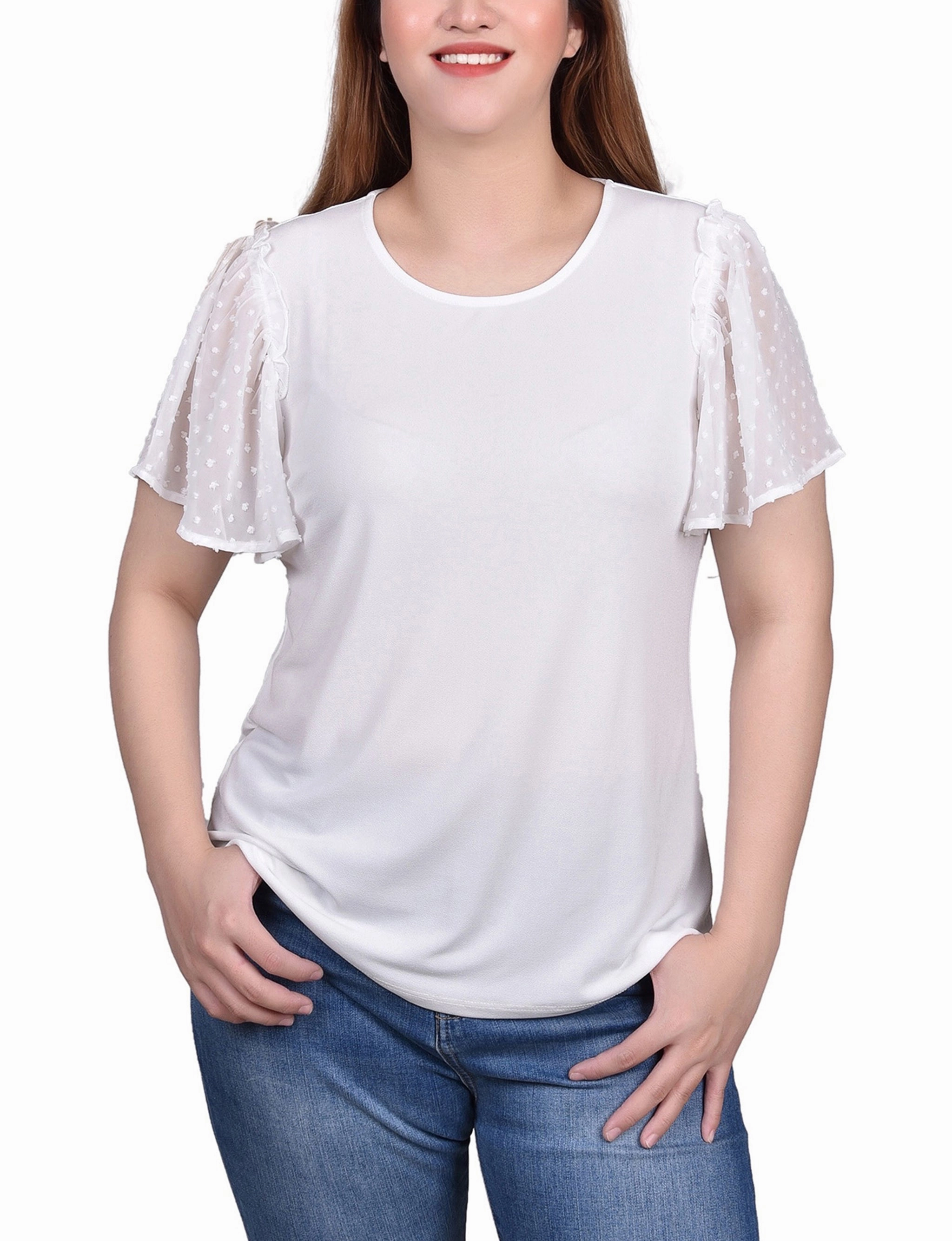 Soft Finish Petite Clip Dot Flutter Sleeve Top