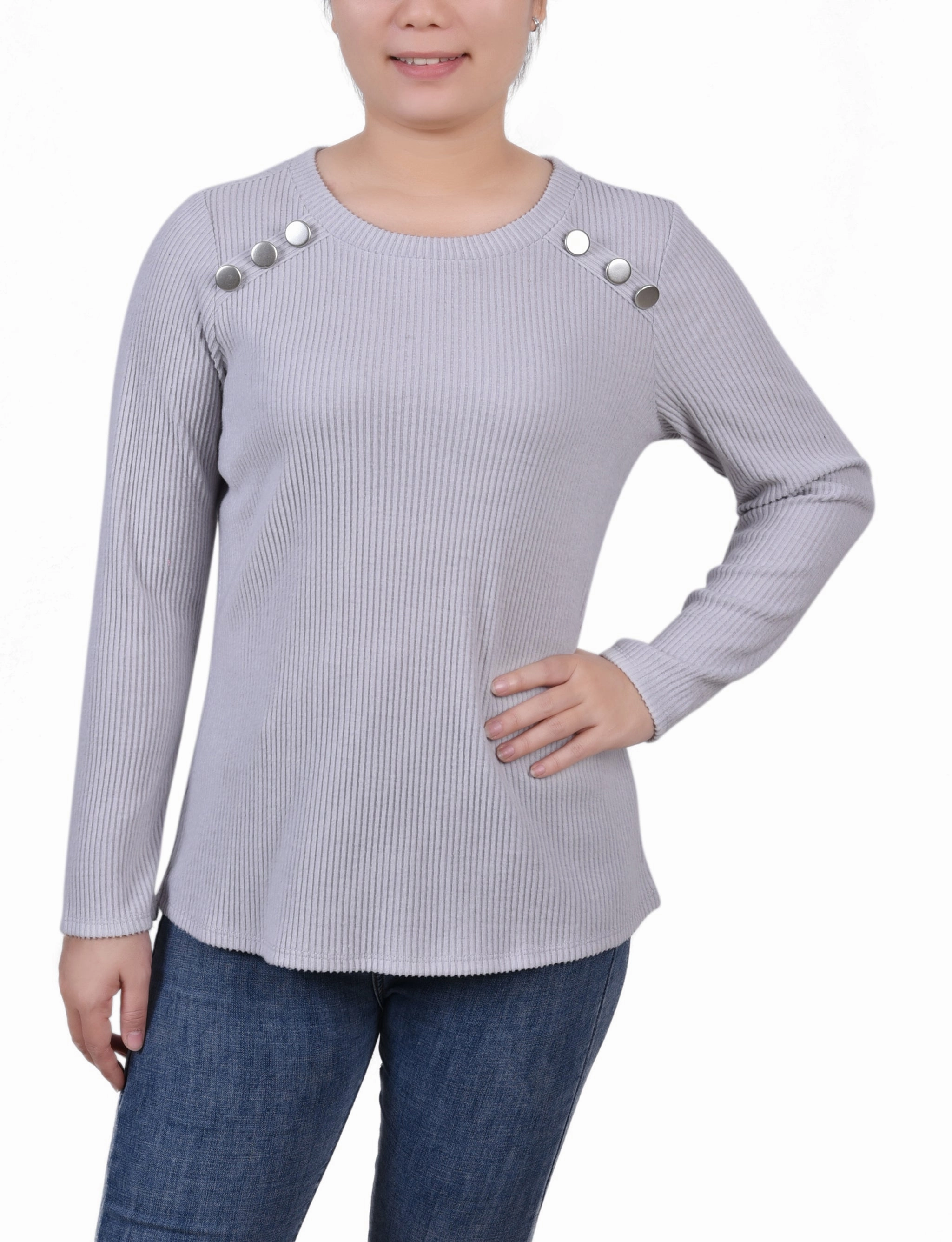 Cozy Classic Relax Fit Petite Long Sleeve Ribbed Button Detail Top