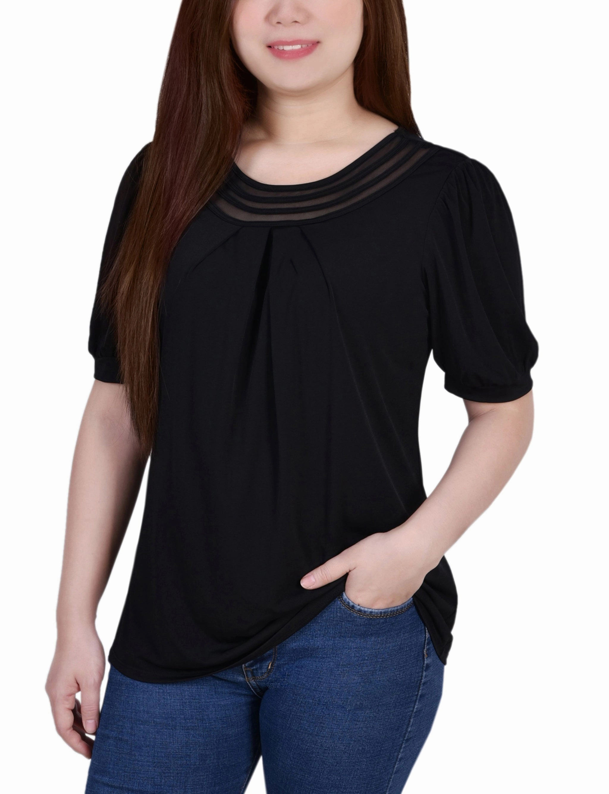 Short Puff Sleeve Sheer Inset Top Daily Layer
