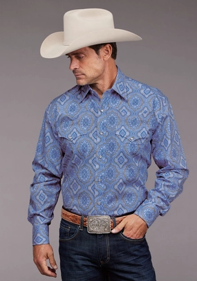 Stetson Mens Chambray Medallion Paisley Blue 100% Cotton L/S Shirt Anti Static Treatment Structured Collar