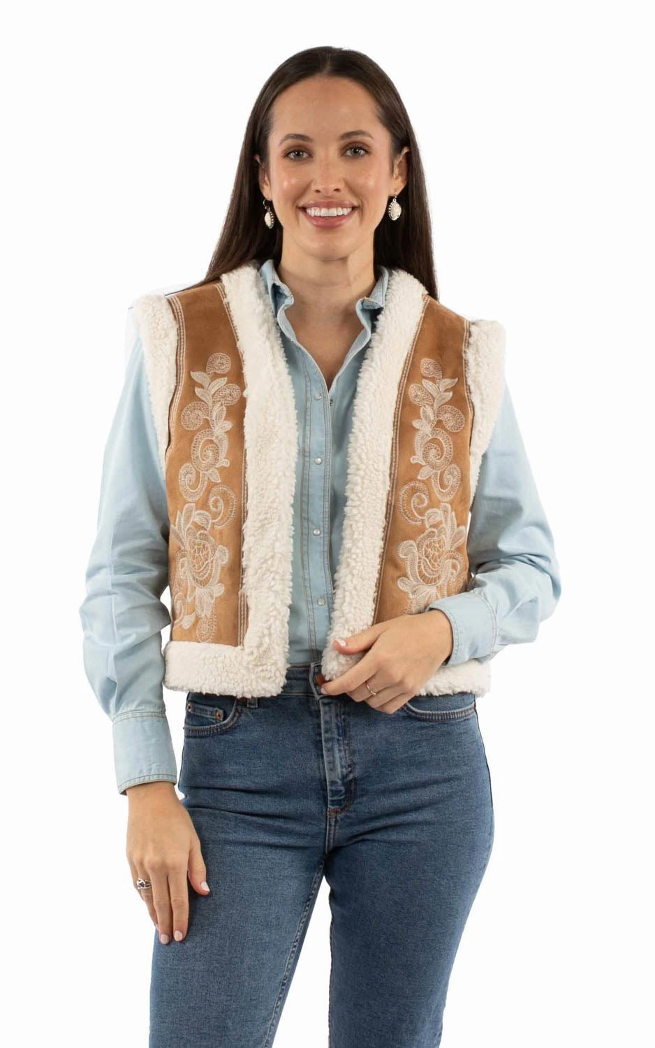 Scully Womens Floral Embroidery Faux Sherpa Tan 100% Acrylic Faux Fur Vest Double Layered Knit