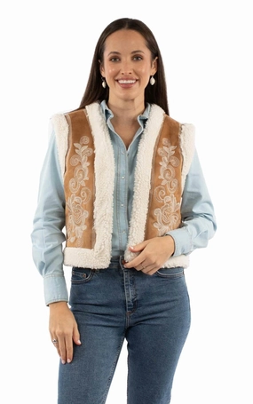 Scully Womens Floral Embroidery Faux Sherpa Tan 100% Acrylic Faux Fur Vest Double Layered Knit