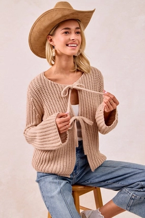 Warm Appeal Solid Loose Gauge Knit Sweater Top With Bow Tied S-XL