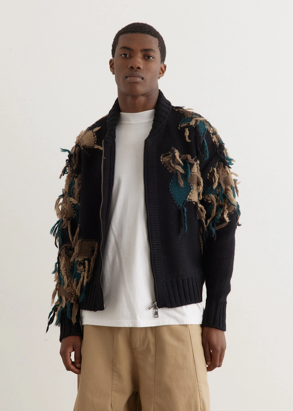 Ribbed Knit New Camouflage Zip-Up Cardigan