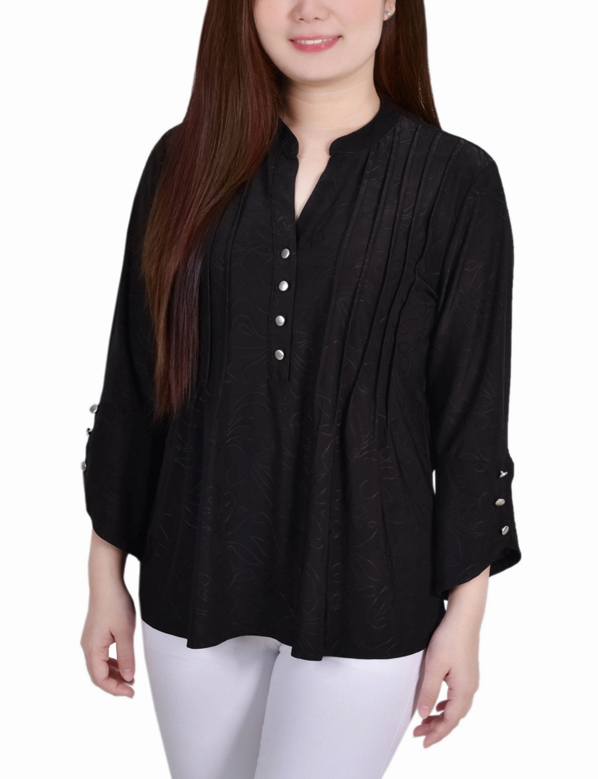 3/4 Sleeve Overlapped Bell Sleeve Y Neck Top Bamboo Fiber Blend Thermoregulating Technology