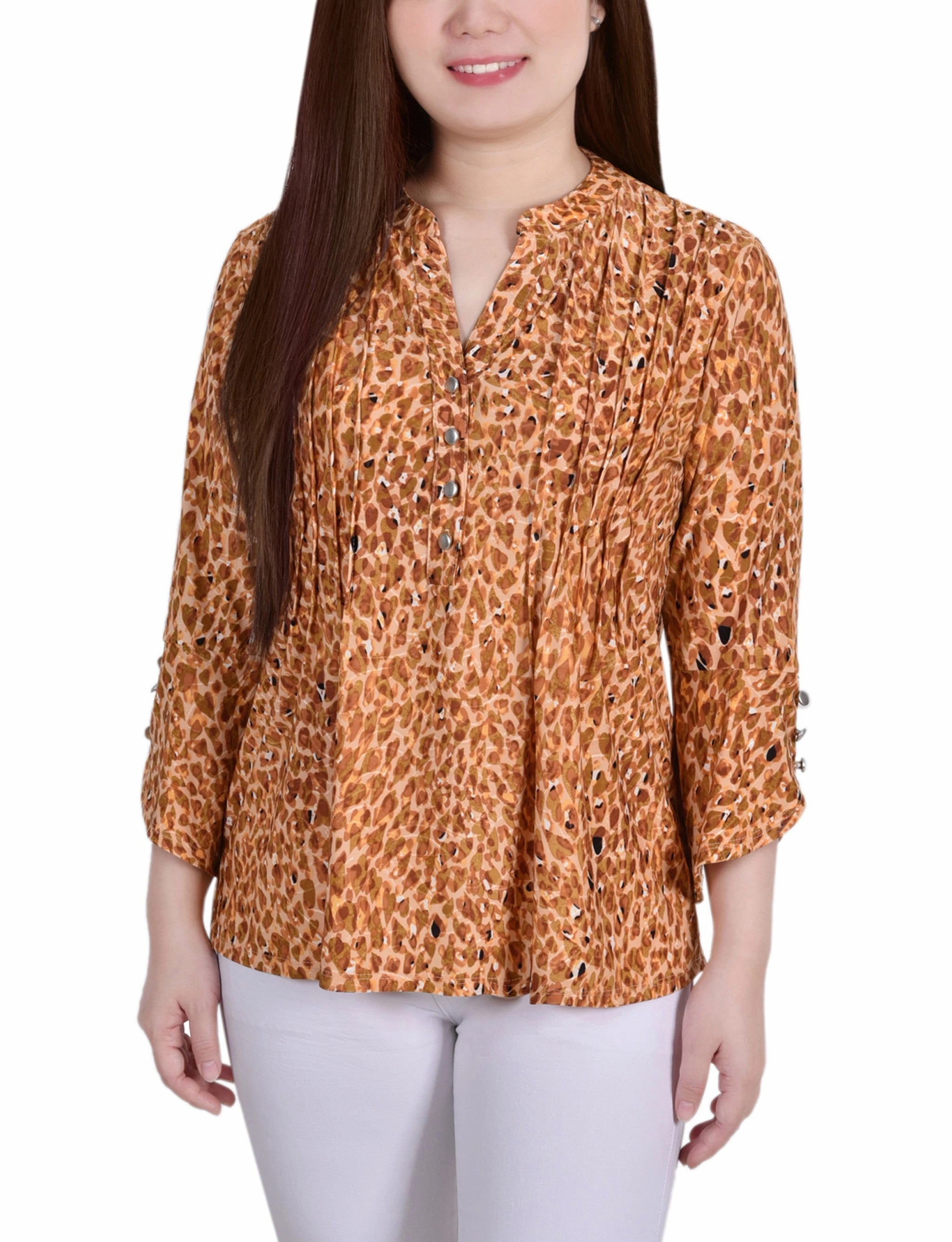 3/4 Sleeve Overlapped Bell Sleeve Y Neck Top FadeResistant Yarn PreShrunk Fabric