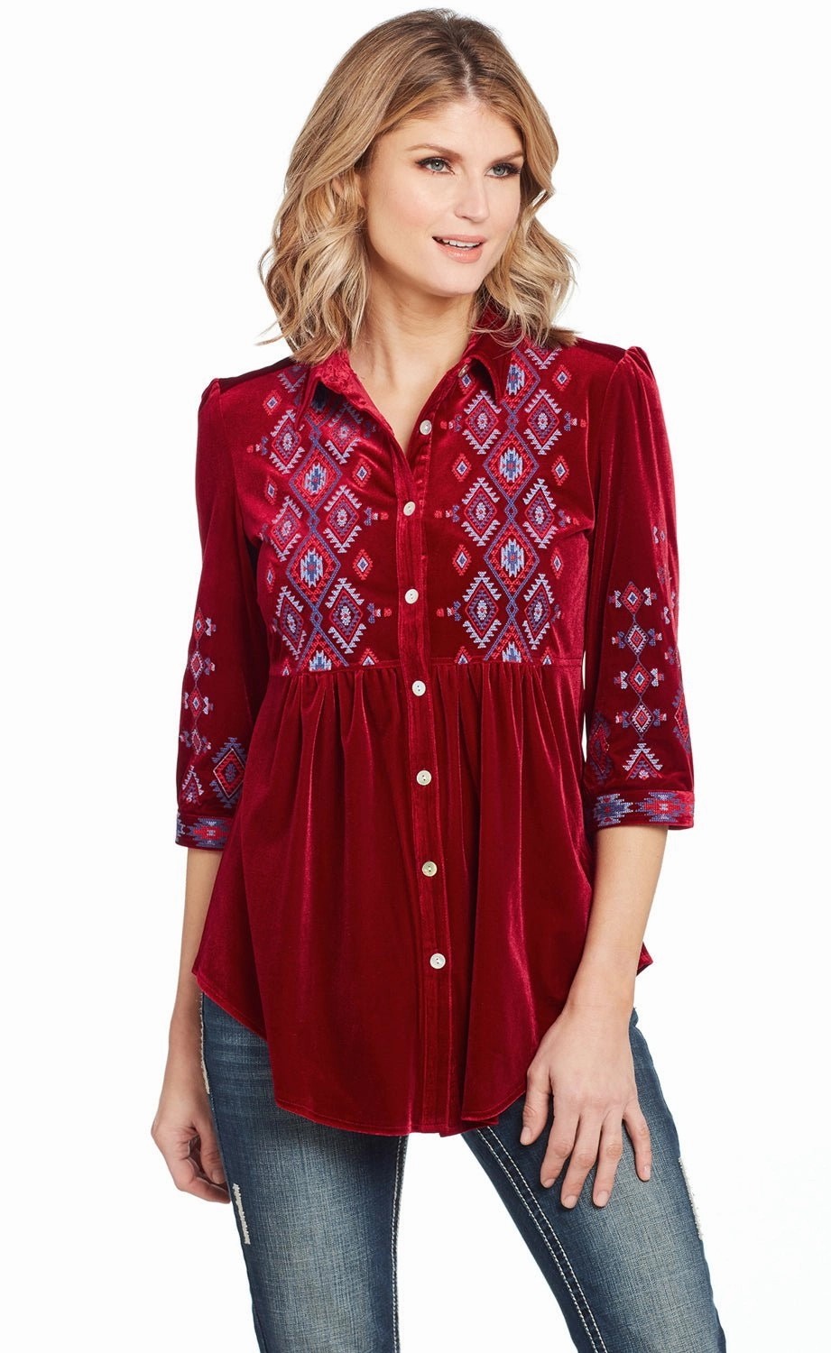 Cowgirl Up Womens Red Polyester Geometric Blouse S/S Polo Style