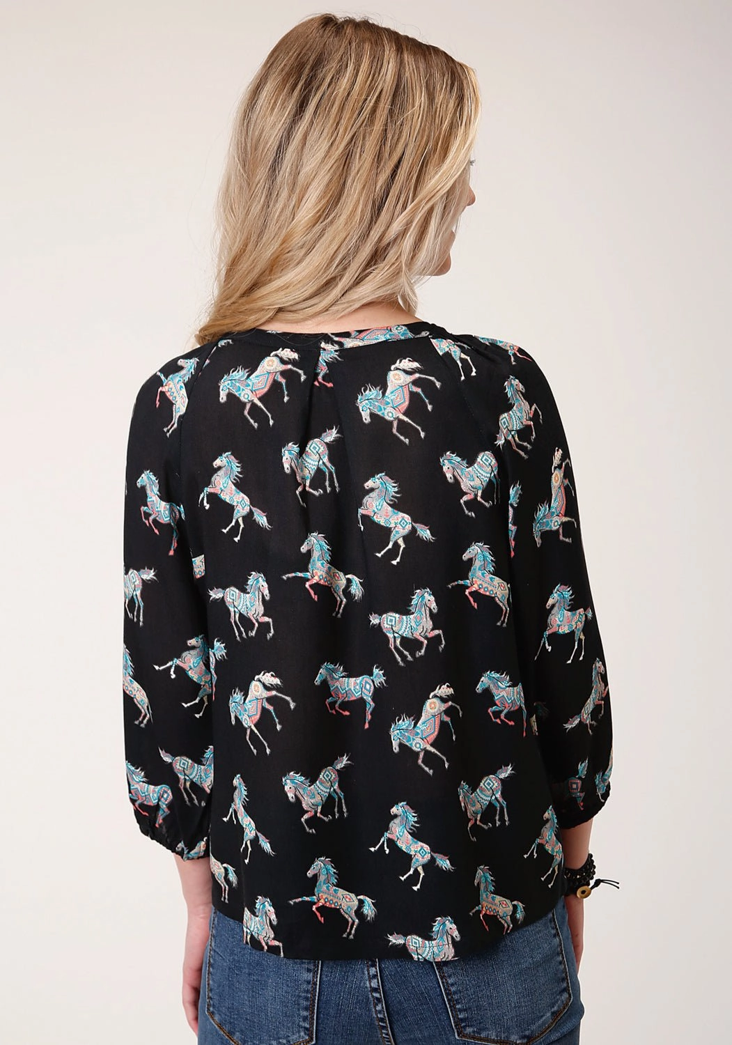 Urban Wear Roper Womens Black Rayon/Nylon Wild Horses 3/4 Sleeve Blouse