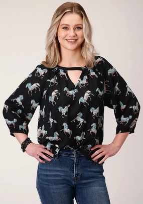 Modern Style Roper Womens Black Rayon/Nylon Wild Horses 3/4 Sleeve Blouse