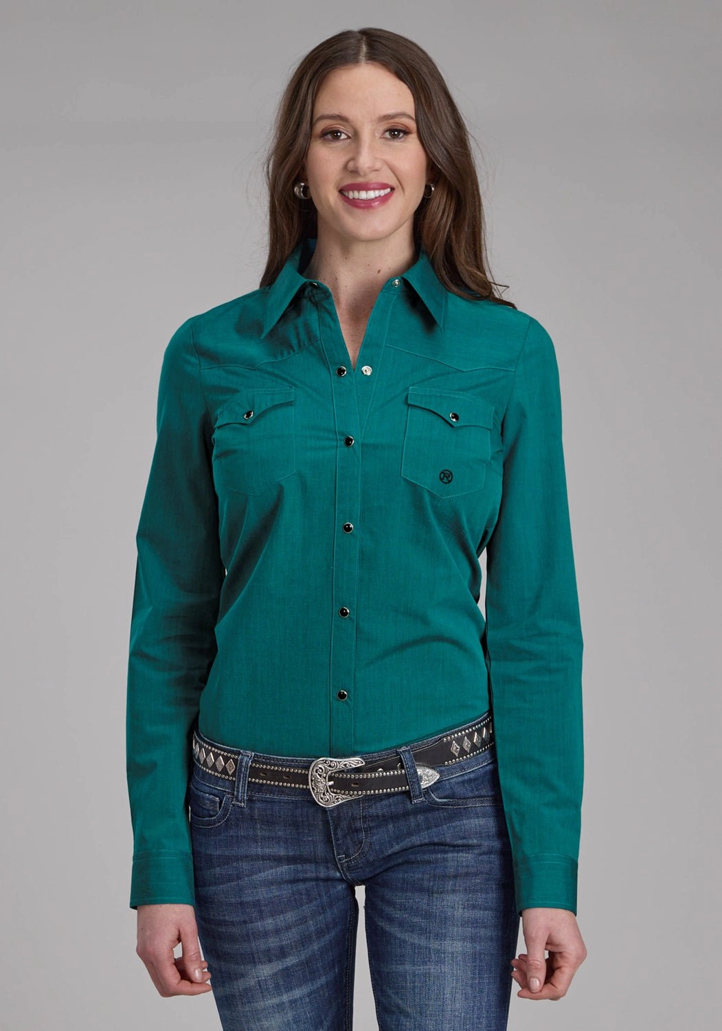 Roper Womens Fill Solid Poplin Teal 100% Cotton L/S Shirt Sustainable Dye Process