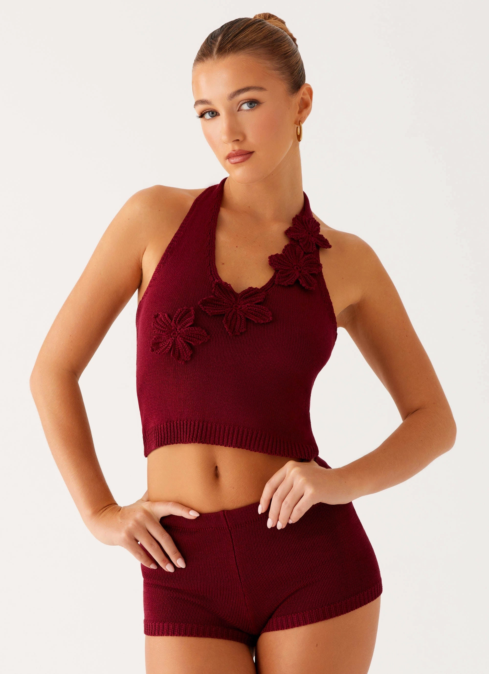 Miffy Crochet Top - Maroon Curved Hem Design Recycled Polyester Fabric