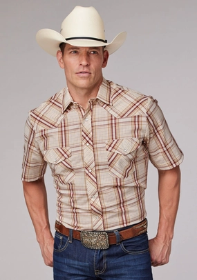 Budget Friendly Comfort Fit Roper Mens 2063 Plaid Tan/Cream Cotton Blend S/S Shirt