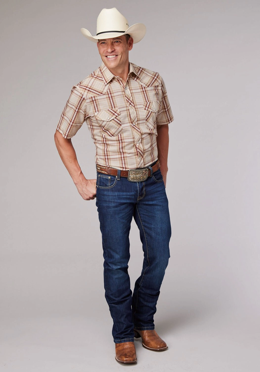 Roper Mens 2063 Plaid Tan/Cream Cotton Blend S/S Shirt Timeless Classic