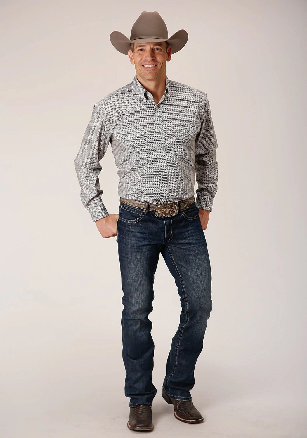 Roper Mens Climbing Diamond Green Cotton Blend L/S Shirt Round Collar