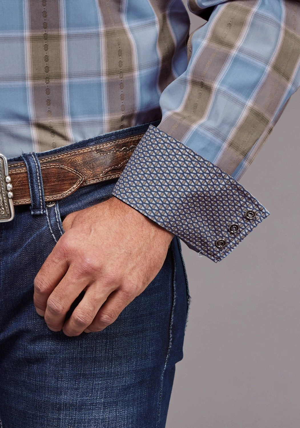 Street Fashion Stetson Mens Chambray Dobby Plaid Blue 100% Cotton L/S Shirt