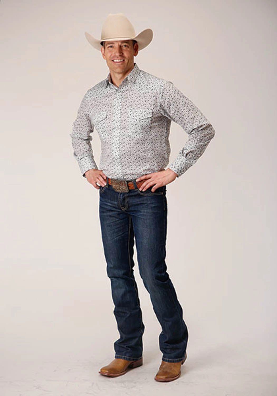 Roper Mens 1626 Mini Floral White/Blue Cotton Blend L/S Shirt Layering Piece