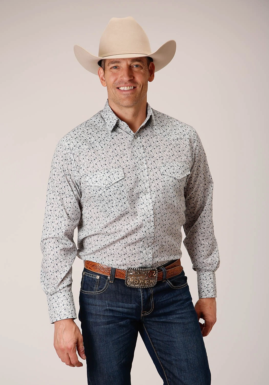 Sporty Look color block Roper Mens 1626 Mini Floral White/Blue Cotton Blend L/S Shirt