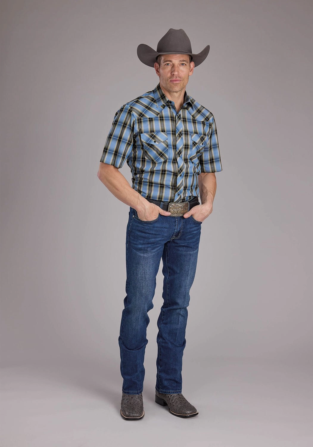 Resort Wear Versatile Layering Roper Mens 2412 Plaid Blue/Brown Cotton Blend S/S Shirt