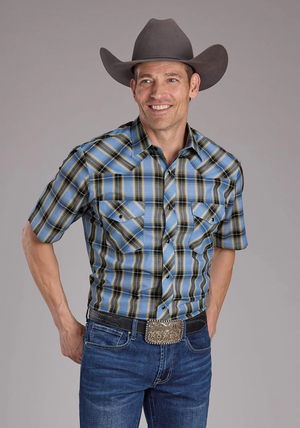 Lightweight Material Roper Mens 2412 Plaid Blue/Brown Cotton Blend S/S Shirt