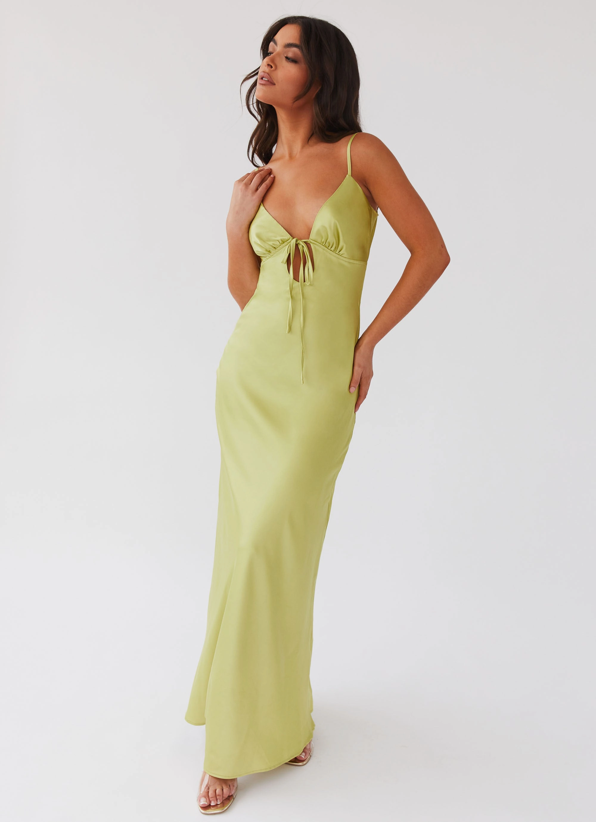 Flora Satin Maxi Dress - Green Expectations Pastel Sky Flattering bodycon dress