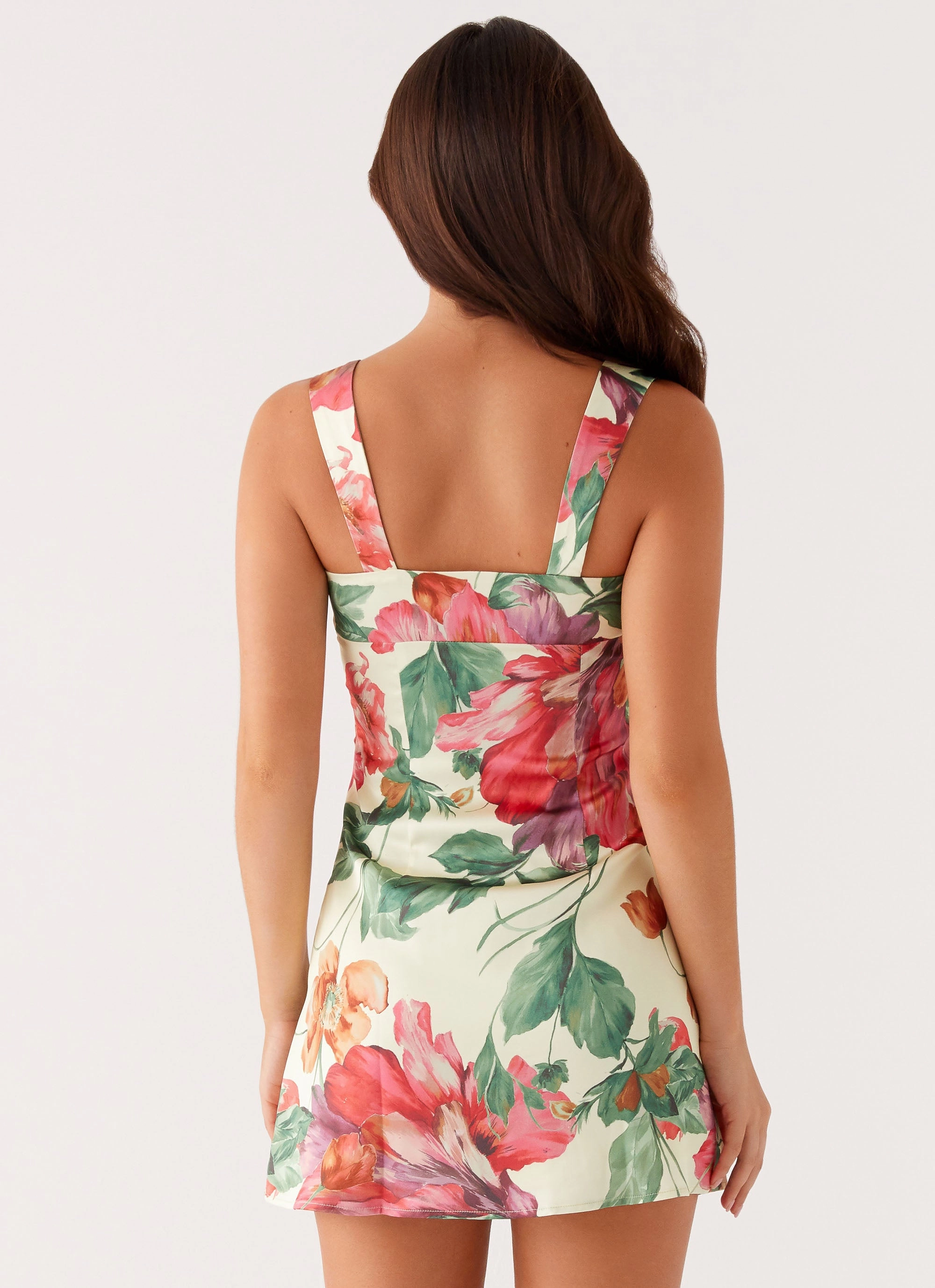 Odette Satin Mini Dress - Yellow Floral Tailored Elegance Relax Motion