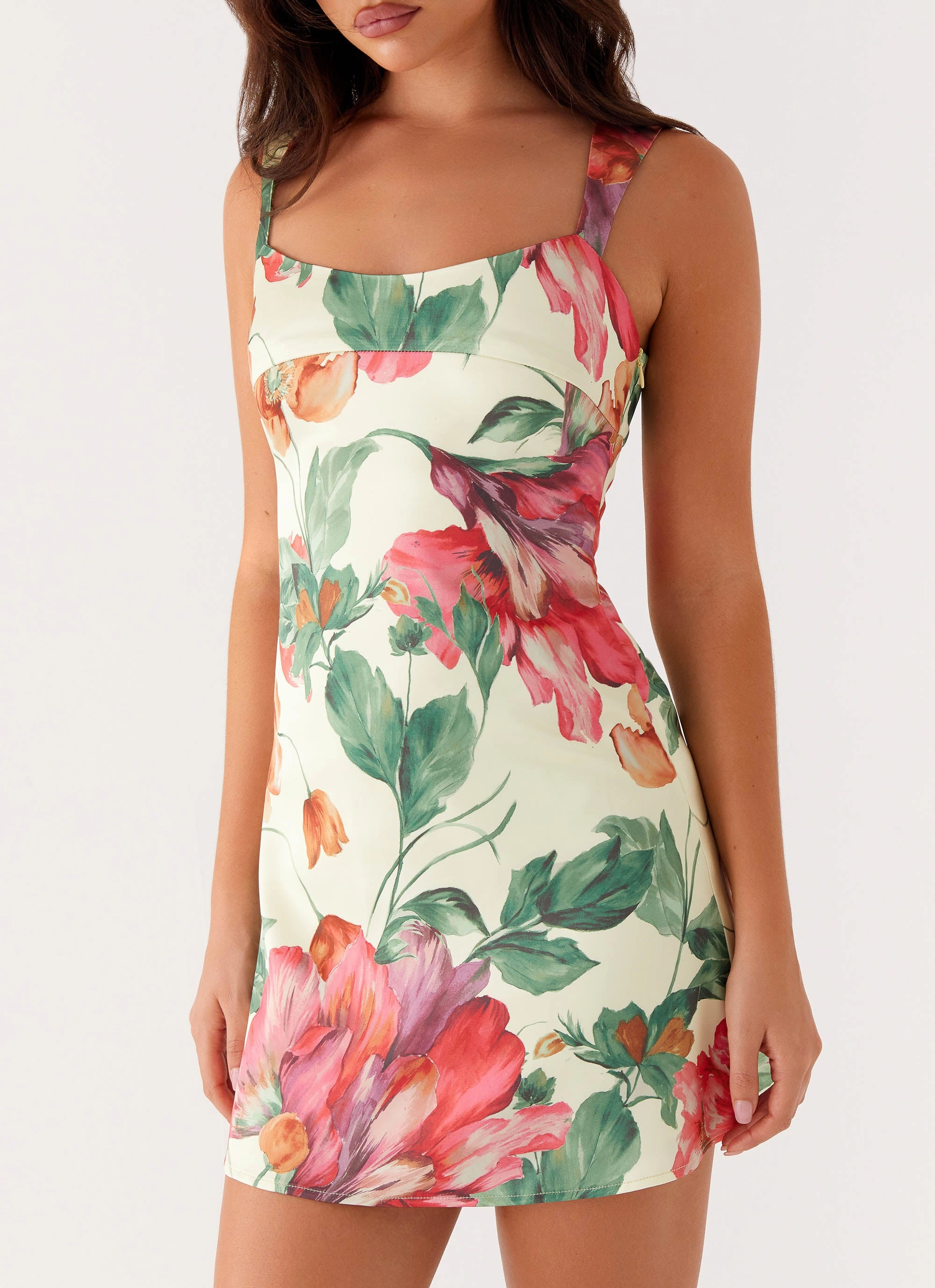 Flowy Layers Odette Satin Mini Dress - Yellow Floral