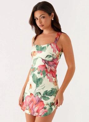 Odette Satin Mini Dress - Yellow Floral Warm Undertone Polite Vibe