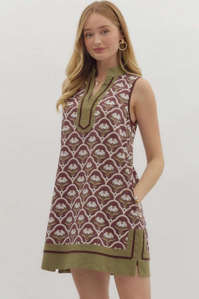 Eloise Geo Print Mini Dress in Brown Flower Soft