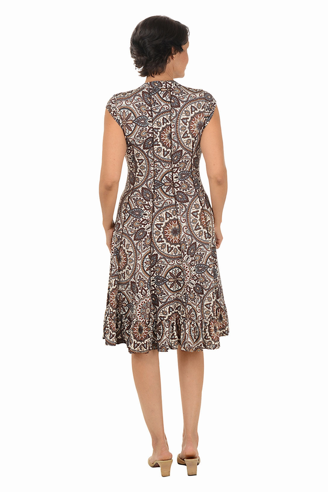 Natural Medallion Seamed Ruffle Hem Dress Modern and Feminine Natural Wrap