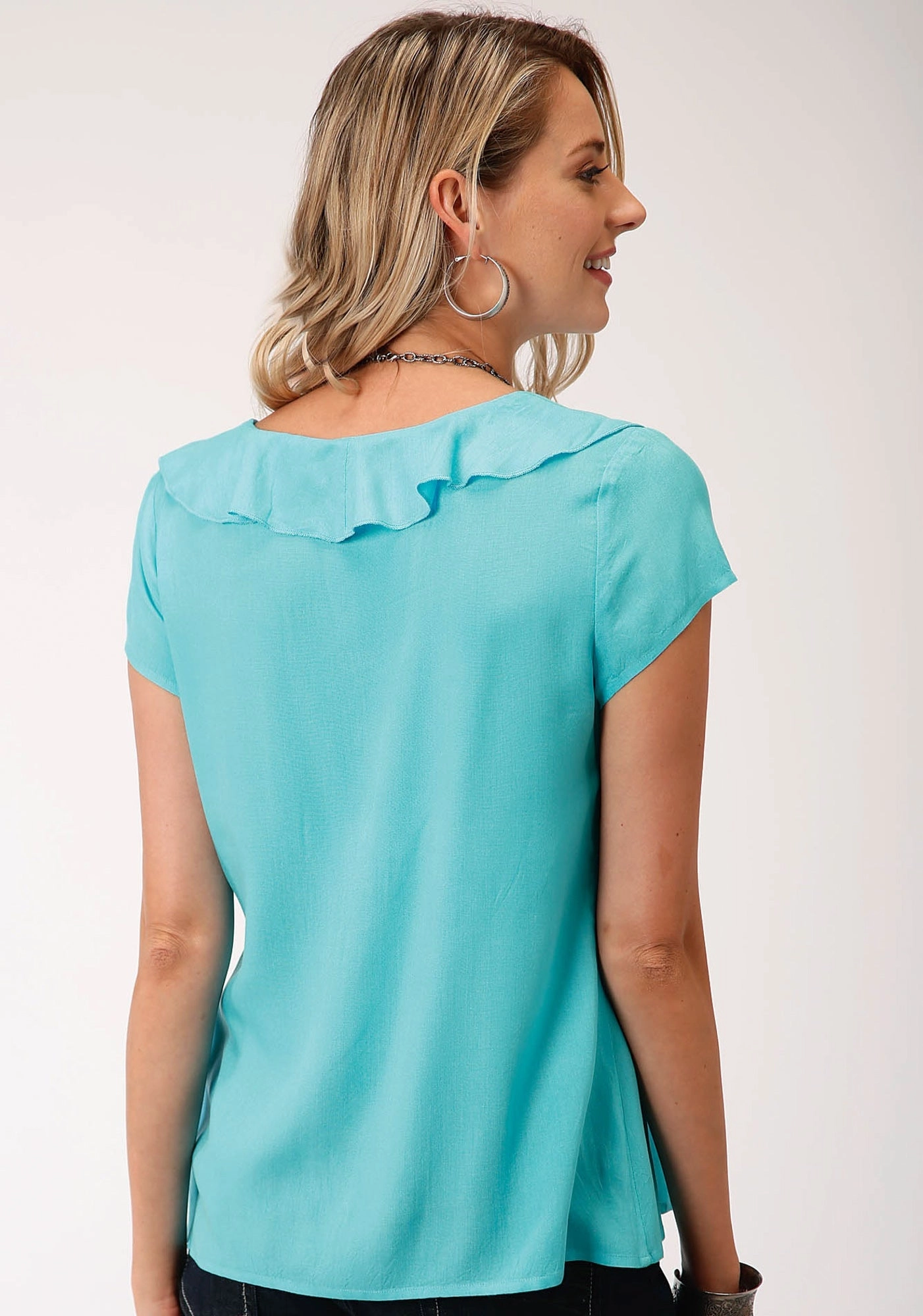 High-End Look Seamless Sides Roper Womens Aqua Blue Rayon/Nylon V-Neck Ruffle S/S Tunic