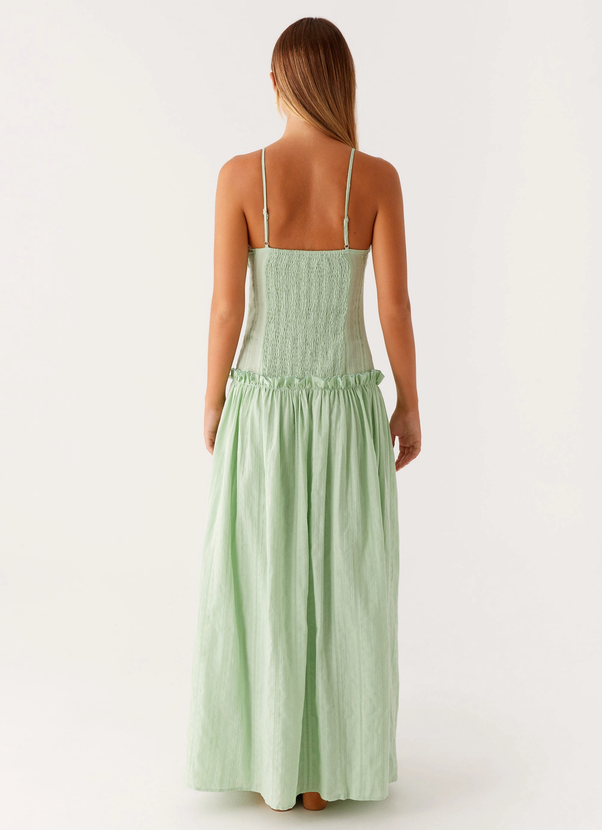 Jacinda Drop Waist Maxi Dress - Sage Front Ruffle Balanced Light