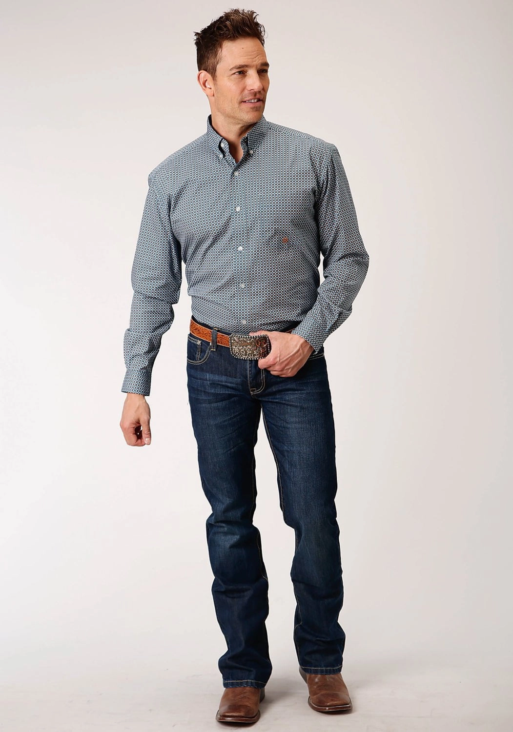 Smooth zipper closure Roper Mens Blue 100% Cotton Geo BD L/S 1 Pocket Shirt