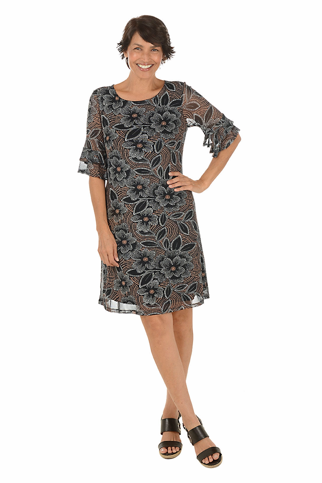 Natural Floral Mesh Ruffle Sleeve Dress Warm Undertone
