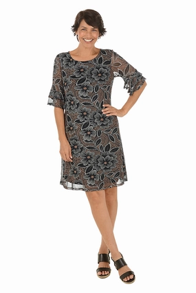 Global Style Natural Floral Mesh Ruffle Sleeve Dress