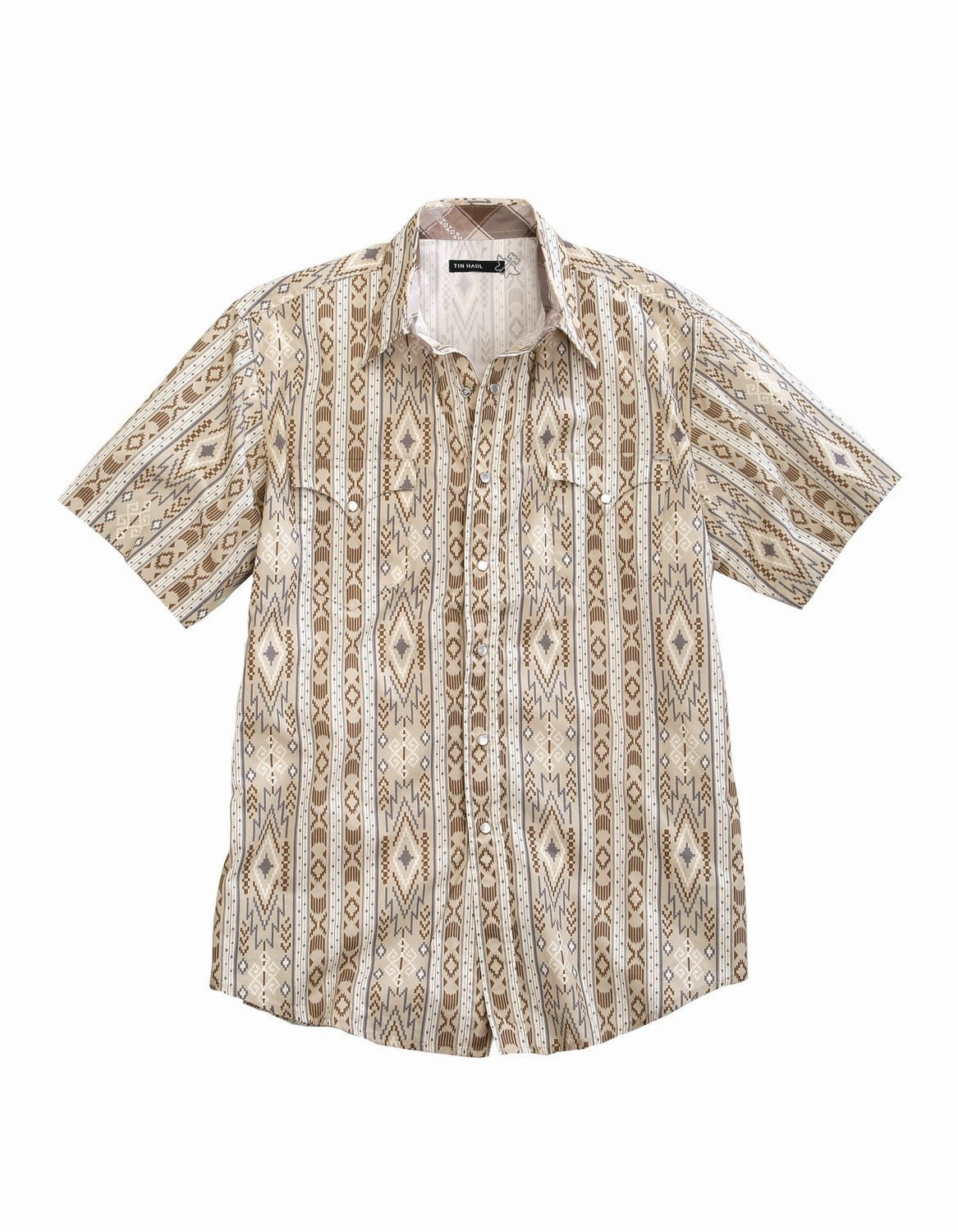 Tin Haul Mens Grey 100% Cotton Tribal Wallpaper S/S Shirt Embellished Neckline Contemporary Style