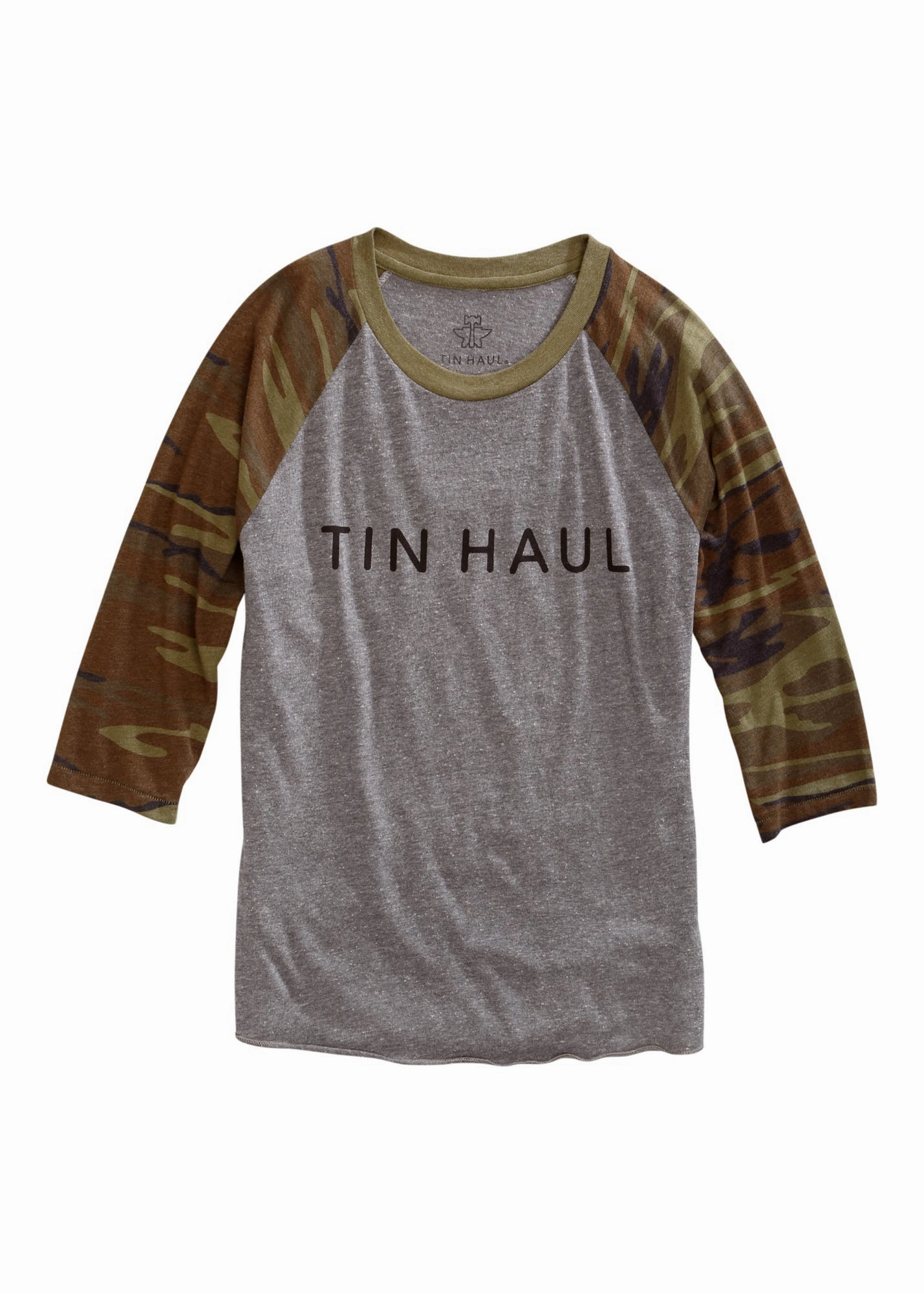 Tin Haul Mens Heather Grey/Camo Cotton Blend Script S/S T-Shirt Eco-friendly High Density Weave