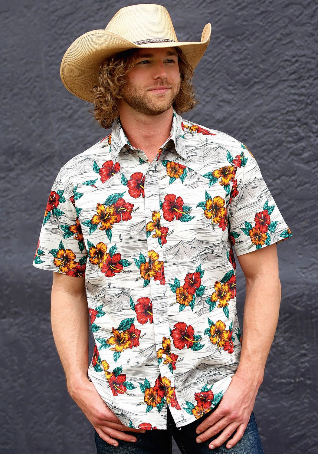 Ergonomic Back Panel Wrinkle Resistant Tin Haul Mens Landscape Tropical Grey 100% Cotton S/S Shirt