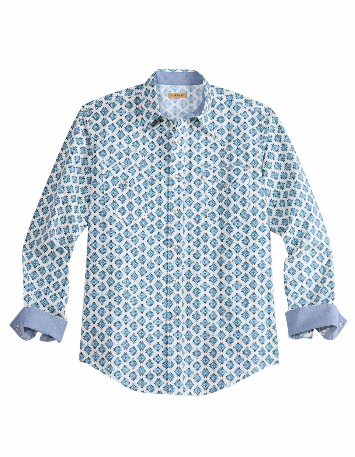 Tin Haul Mens Ombre Aztec Tiles Blue/White 100% Cotton L/S Shirt Breathable mesh Reinforced Elbow Patches