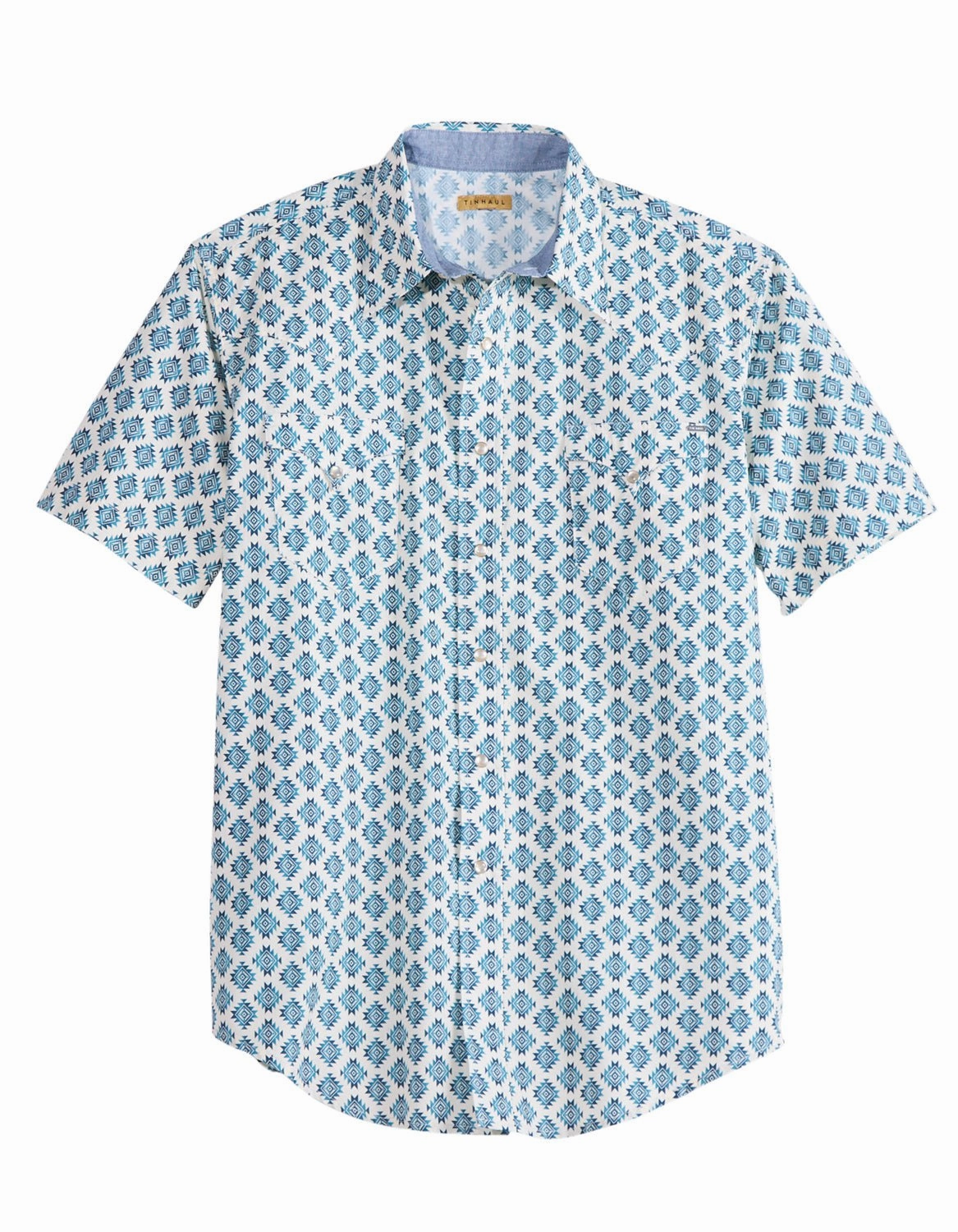 Tin Haul Mens Ombre Aztec Tiles Blue/White 100% Cotton S/S Shirt Low Profile Pocket Design