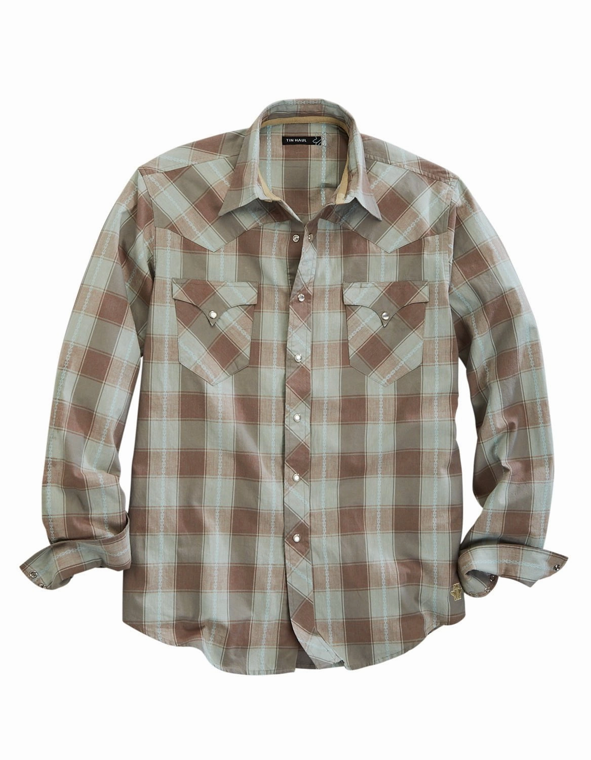 Breathable back panel Tin Haul Mens Sand Check Dobby Brown 100% Cotton L/S Shirt