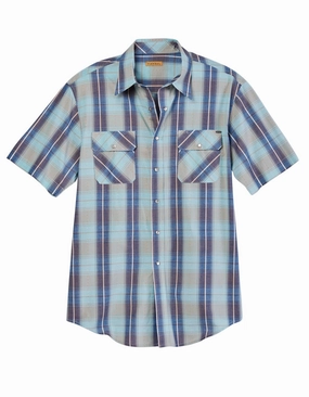 Ombre look Tin Haul Mens Vintage Dobby Plaid Blue 100% Cotton S/S Shirt