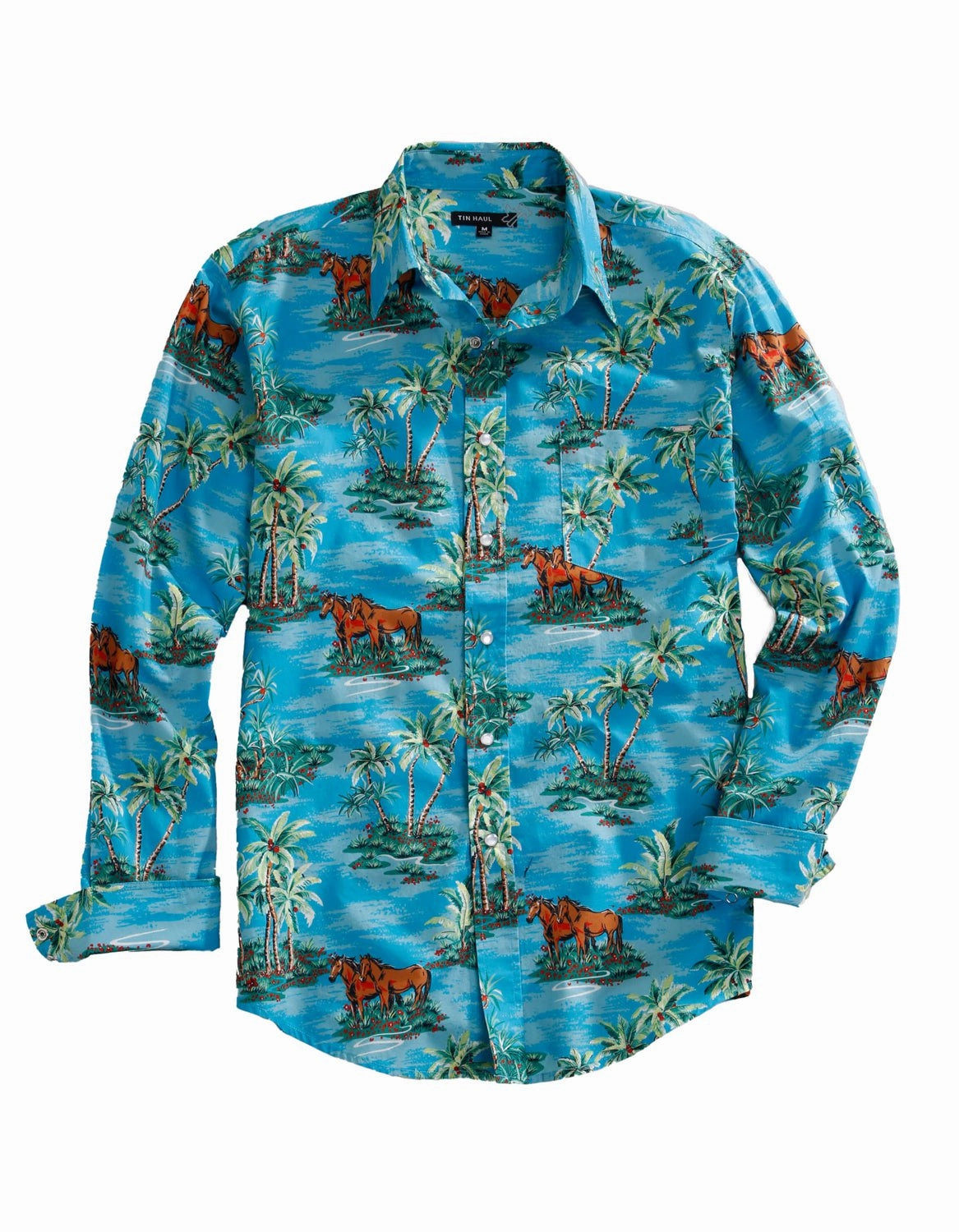 Midweight Textile Tin Haul Mens Vintage Hawaiian Blue 100% Cotton L/S Shirt