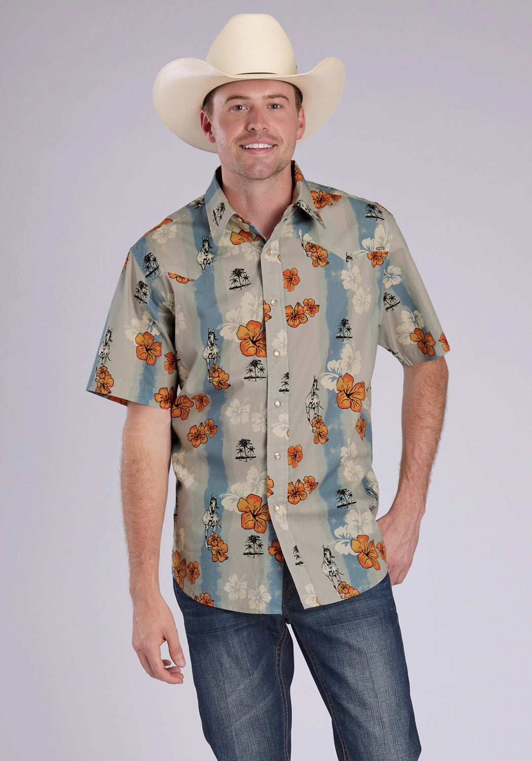 Classic Appeal Summer Must-have Tin Haul Mens Vintage Tropical Blue/Grey 100% Cotton S/S Shirt