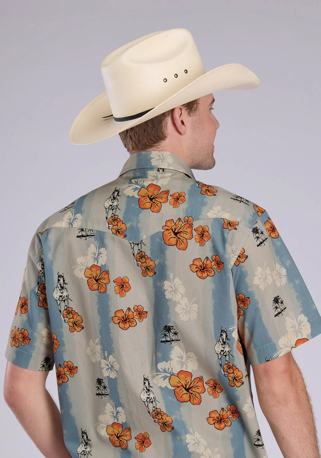 Tin Haul Mens Vintage Tropical Blue/Grey 100% Cotton S/S Shirt Hooded Option On-The-Go Style