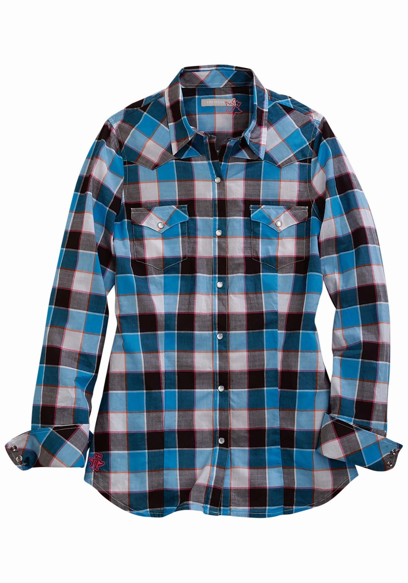 checkered pattern Tin Haul Womens 1330 Hot Buffalo Checks Blue 100% Cotton L/S Shirt