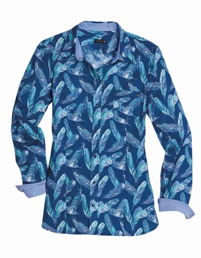 Tin Haul Womens 2492 Feathers Print Blue 100% Cotton L/S Shirt Comfortable fit Layered Look